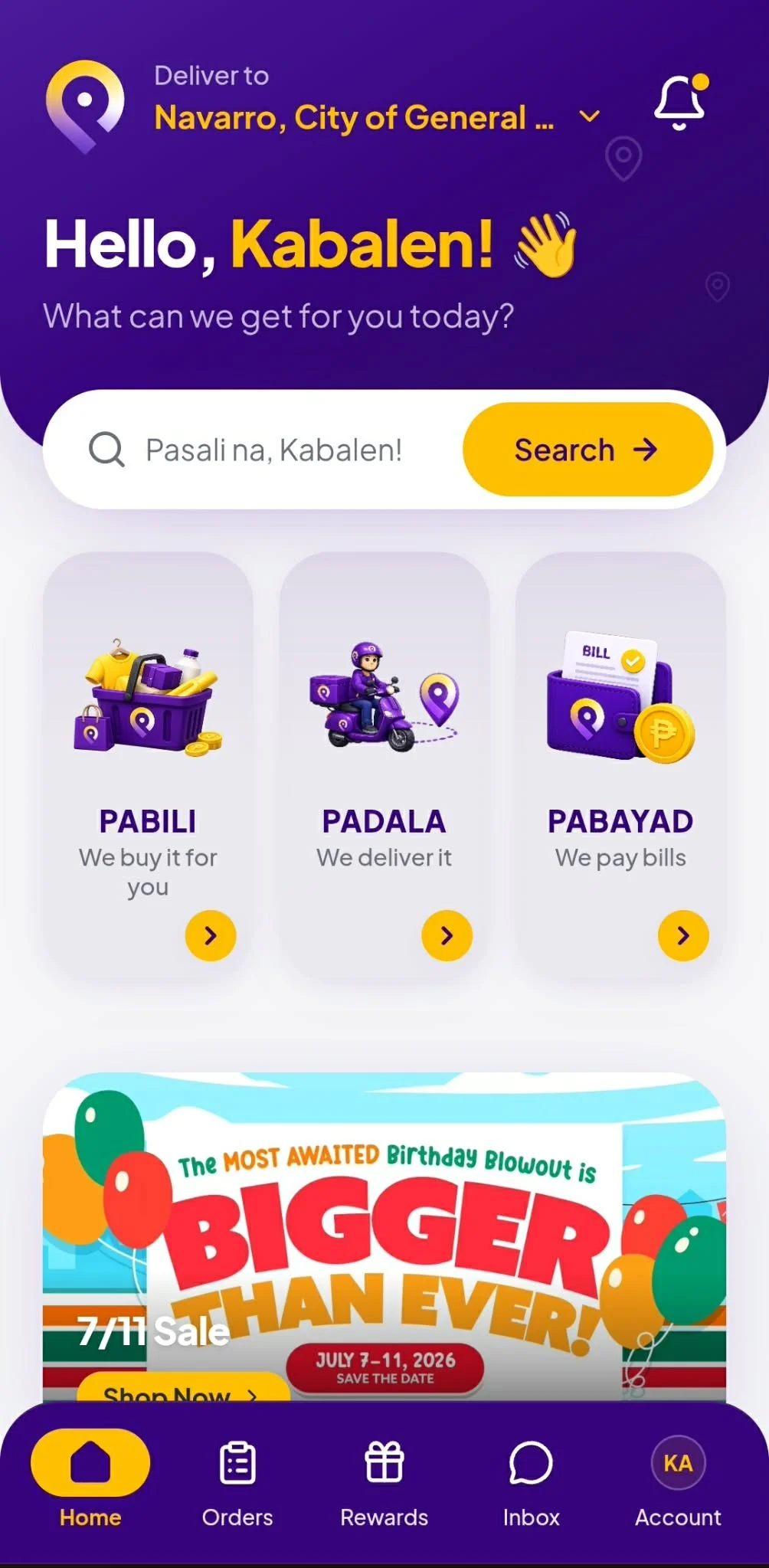 The PASALI app home screen: a delivery address for Navarro, City of General Trias, a greeting reading Hello, Kabalen, a search field, and the Pabili, Padala, and Pabayad service cards.